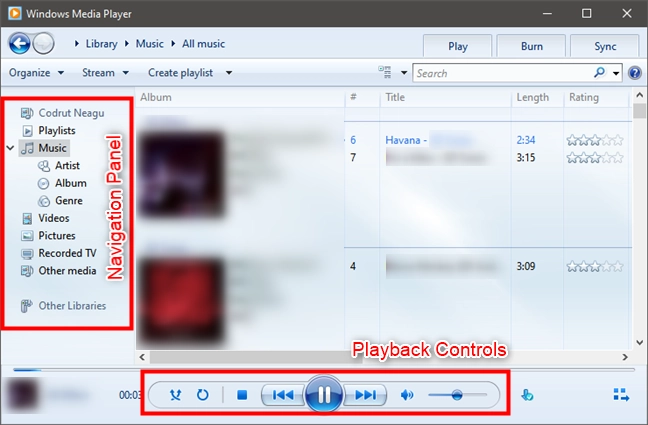 Windows Media Player: Navigation panel and controls