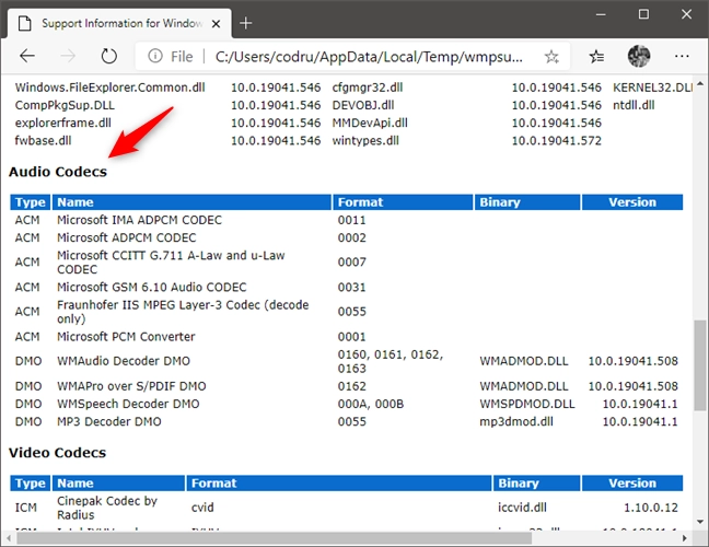 Audio Codecs used by Windows Media Player