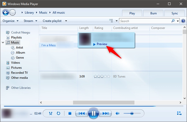 Preview a song in Windows Media Player