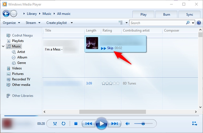 Skipping while previewing a song in Windows Media Player