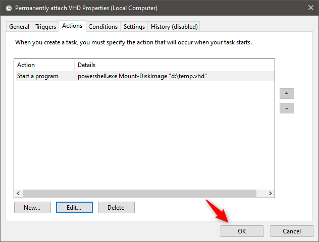 How to permanently attach a VHD: Saving the task in Task Scheduler