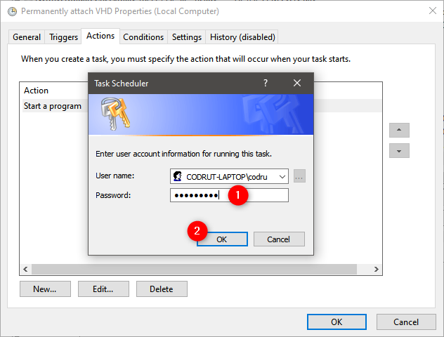 Entering the password of the user account