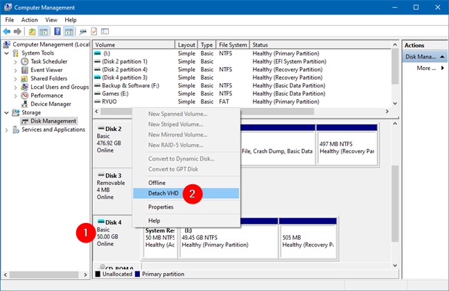 Unmount VHD in Windows: Detach VHD