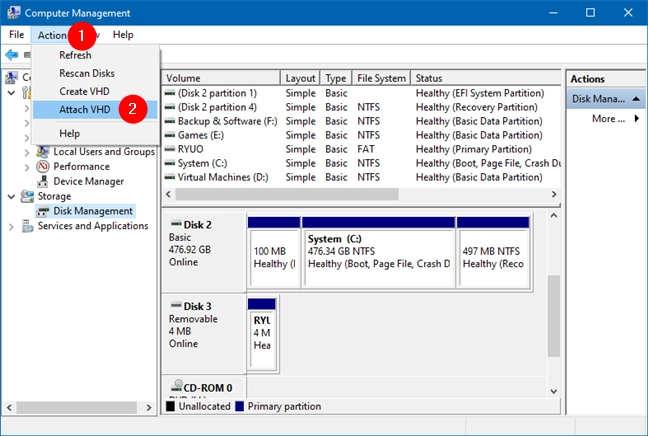 Attach VHD in the Actions menu from Disk Management