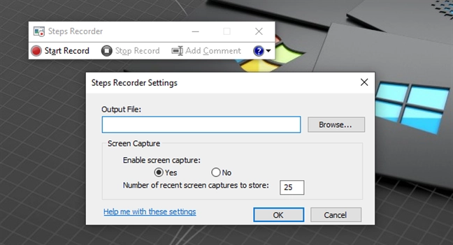Settings available for Steps Recorder
