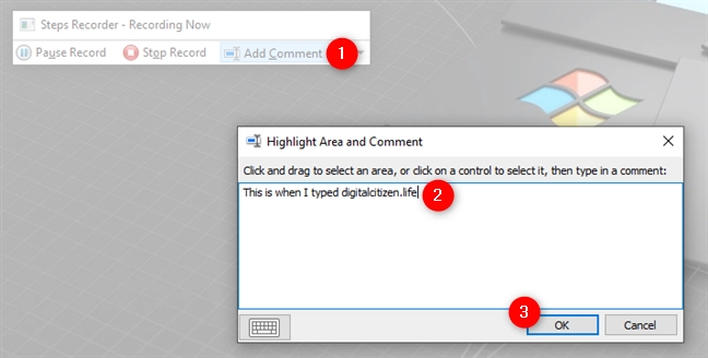 Adding a comment in Steps Recorder
