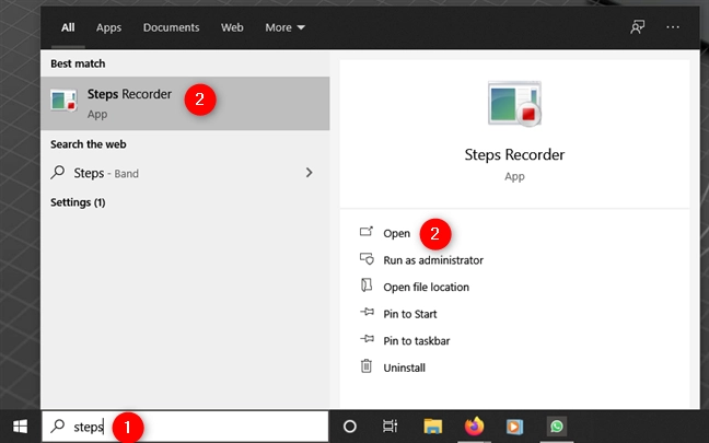Open Steps Recorder in Windows 10 using search