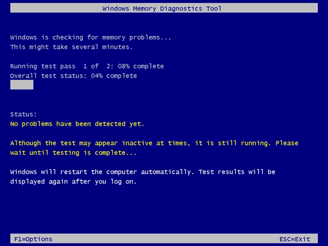 Windows Memory Diagnostic runs two Standard test passes