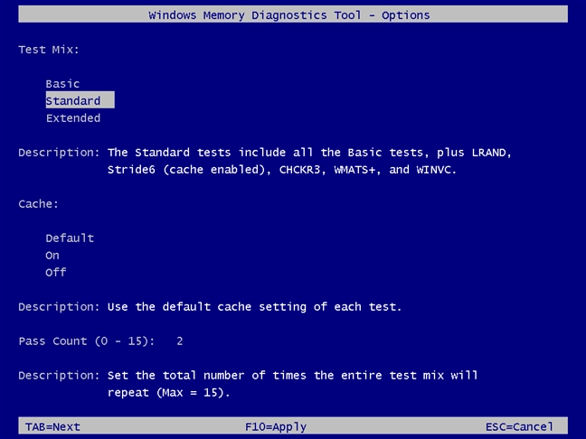 Windows Memory Diagnostic - set things your way