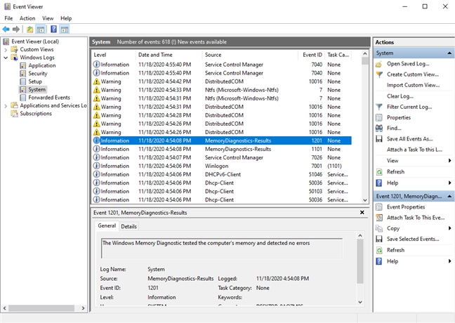 In Event Viewer, look for MemoryDiagnostics-Results