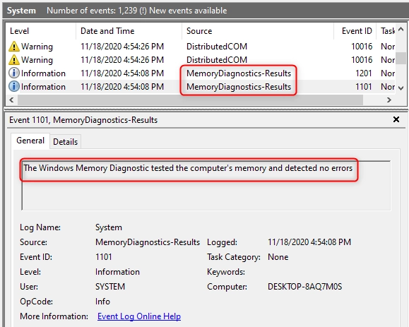 Event Viewer shows details about the Windows Memory Diagnostic