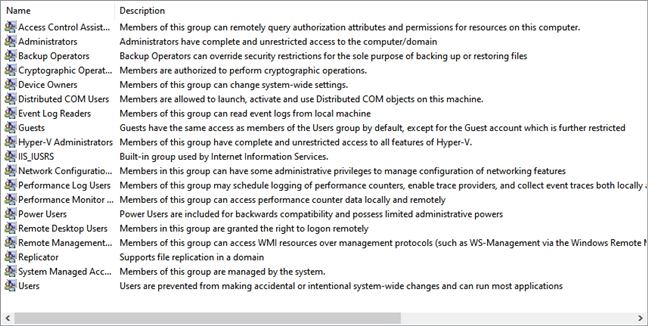 List of user groups in Windows 10 shown by lusrmgr.msc