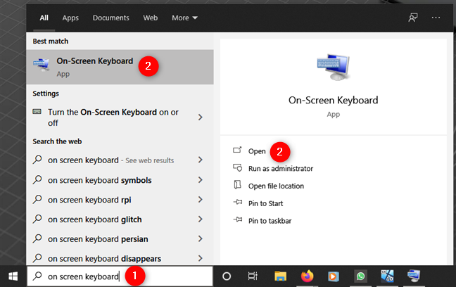 Searching for the virtual keyboard in Windows 10
