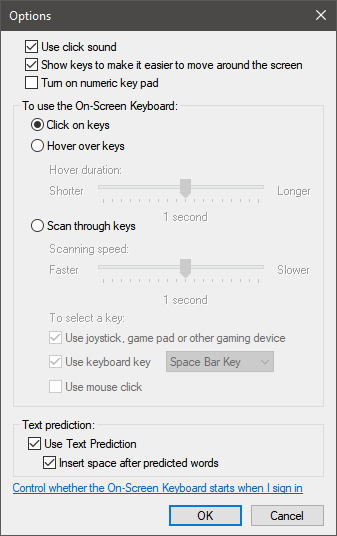 The settings available for the Windows 10 On-Screen Keyboard