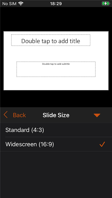 Choose a PowerPoint Slide Size from the two options available on your iPhone
