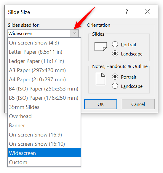 Change size of PowerPoint slide with one of the preset options
