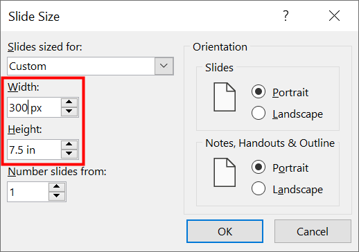 Enter a custom value to change the PowerPoint slide size