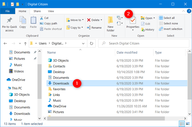 Opening the Properties of a user folder using File Explorer's ribbon menu