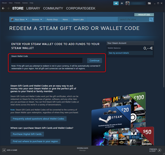 Enter your Steam wallet code