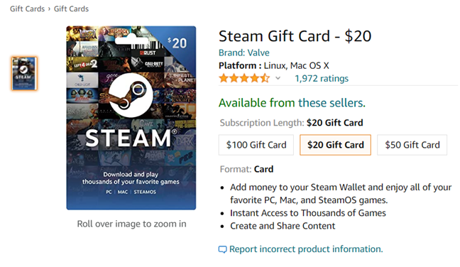Steam gift cards on Amazon