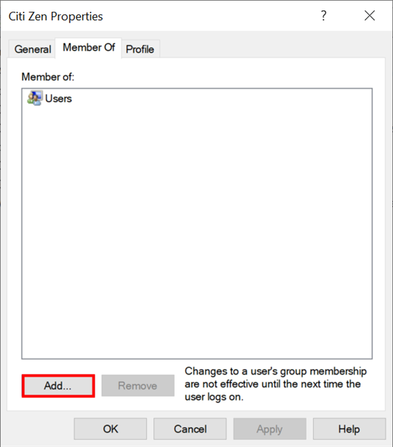 Press Add to change an account to Administrator