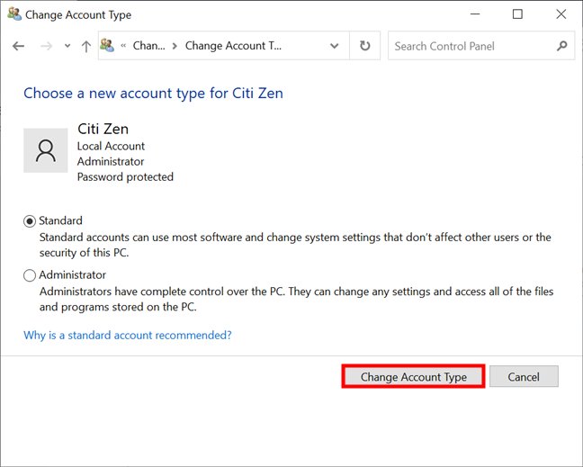 Change Account Type to Administrator or Standard