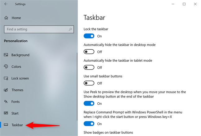 Select the Taskbar tab on the left to see the list of settings on the right