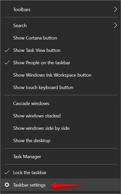 Access Taskbar settings from the taskbar's contextual menu, discussed in the previous chapter
