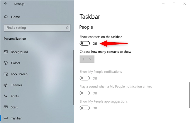 In Windows 10, remove the People icon using the Taskbar settings