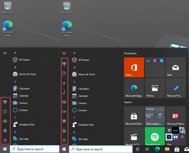 The Windows 10 Start Menu with many folders added vs the default