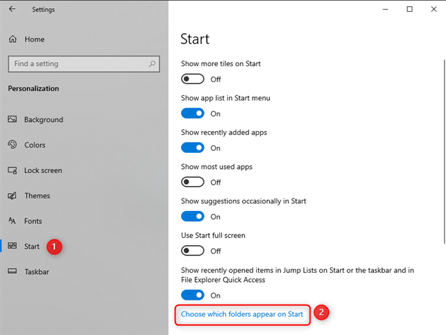 Go to Start and then to Choose which folders appear on Start