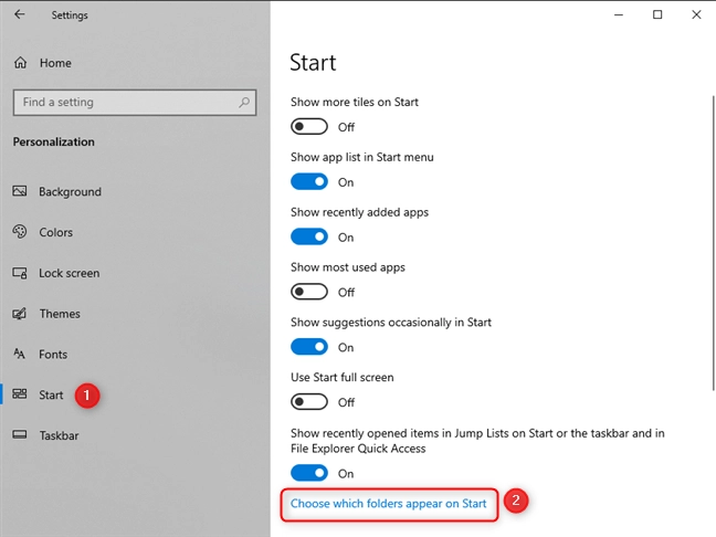 Go to Start and then to Choose which folders appear on Start