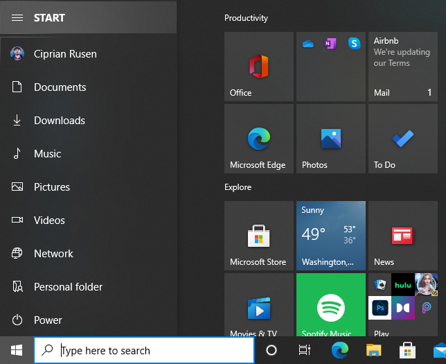 The Start Menu displays the names of all folders