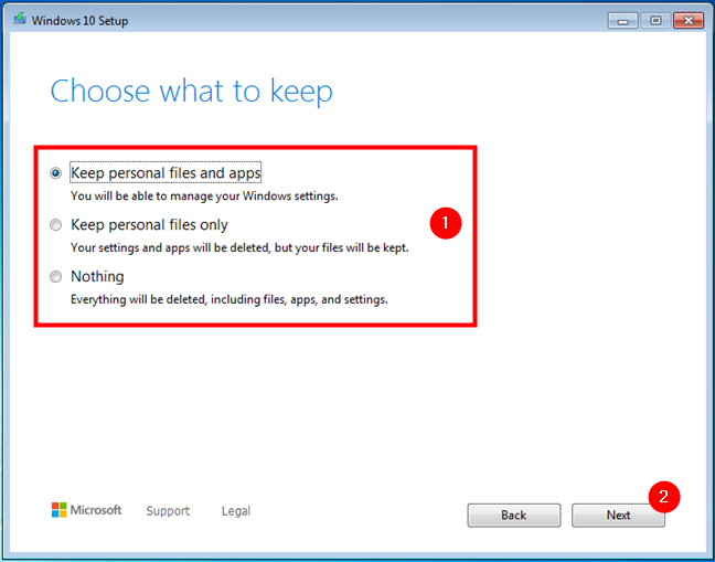 Choosing what to keep when doing an upgrade from Windows 7 or 8.1 to Windows 10