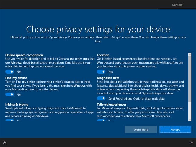 Choosing privacy settings for Windows 10