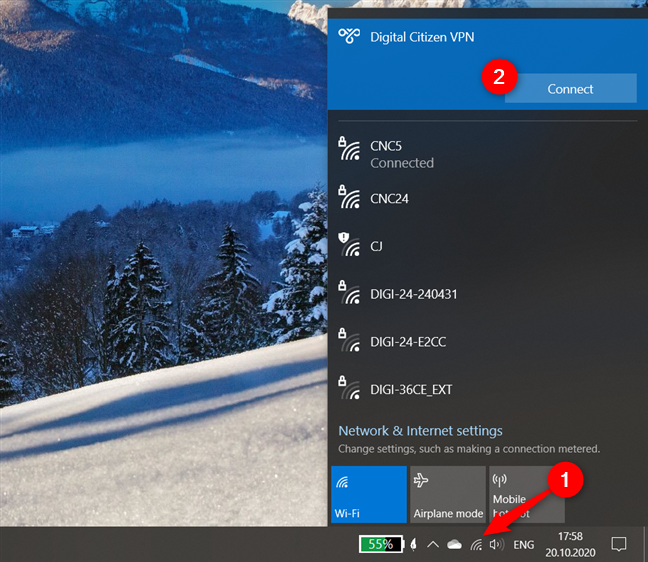 Connecting to a VPN from Windows 10's networks flyout