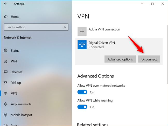 Disconnecting from a VPN in Windows 10