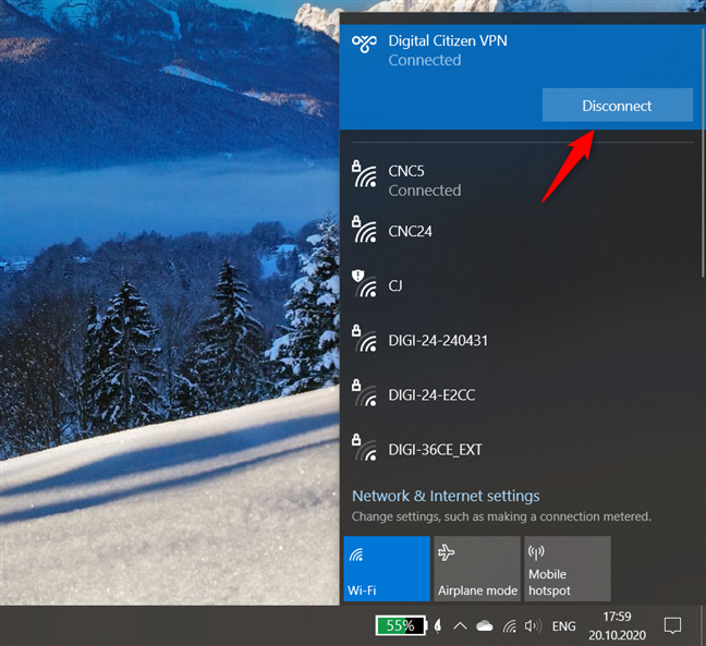 Disconnecting from a VPN from the networks flyout