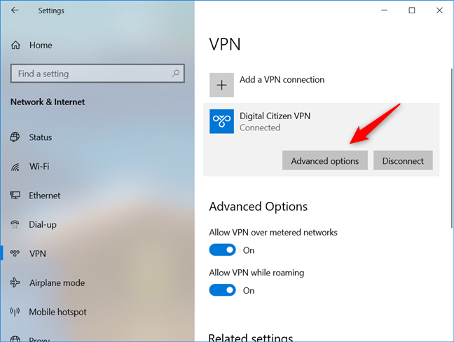 Opening the Advanced options of a VPN in Windows 10