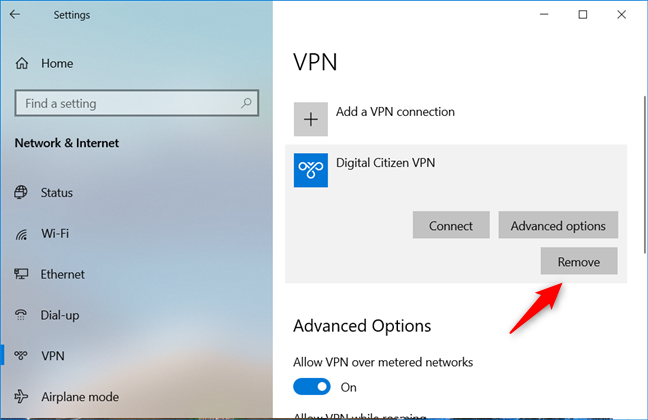 Choosing to Remove a VPN connection from a Windows 10 PC