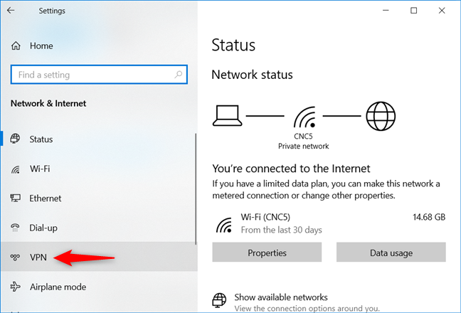 Selecting VPN in Network & Internet