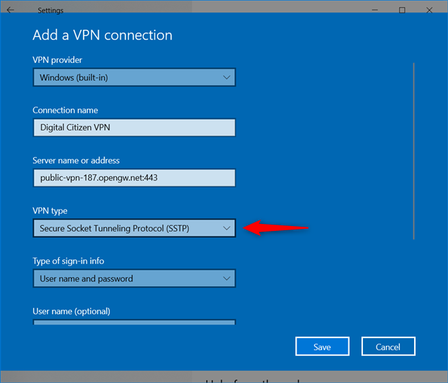 Add a VPN connection: Select the VPN type
