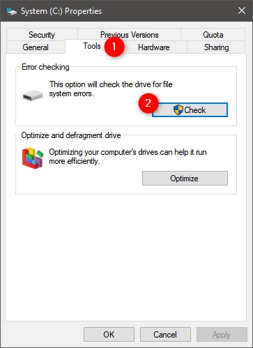 Start hard drive error checking in Windows 10