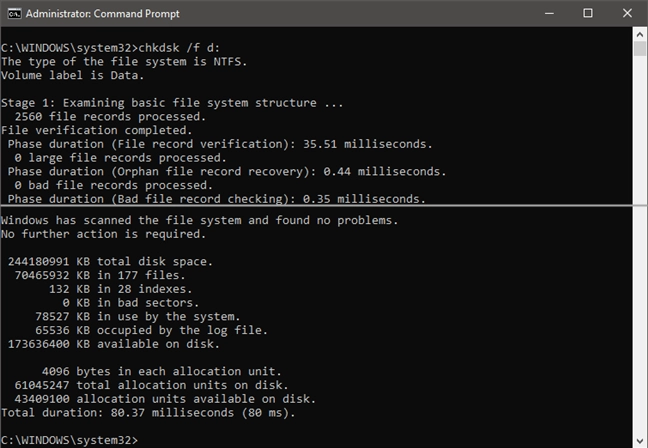 Running chkdsk /f command to verify a drive