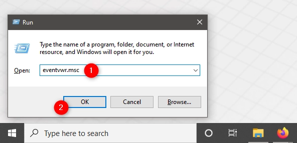 Running eventvwr.msc to open Event Viewer