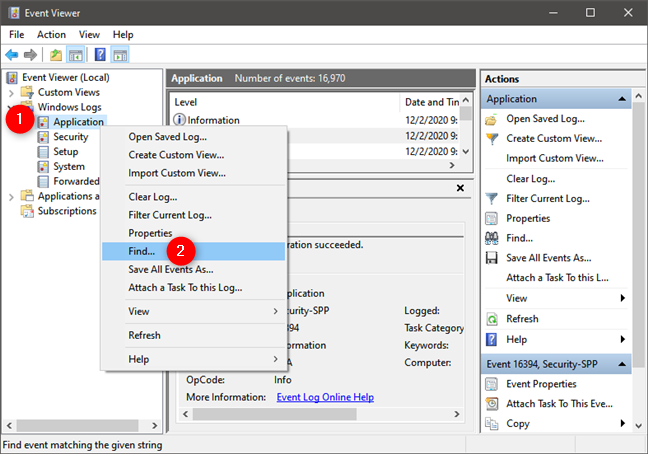 Select Find in Application Windows Logs (Event Viewer)