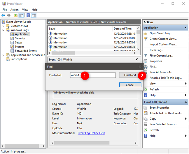 Find Wininit events in Event Viewer