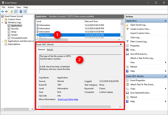 Last chkdsk scan results when Check Disk was run at Windows 10 startup