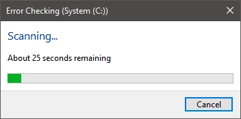 Scan progress of the Windows 10 Error Checking tool