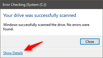 Successful scan of disk Error Checking in Windows 10
